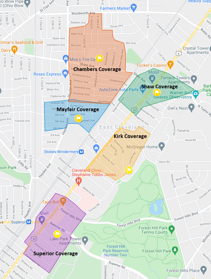 Map showing East Cleveland coverage area for PCs for People internet
